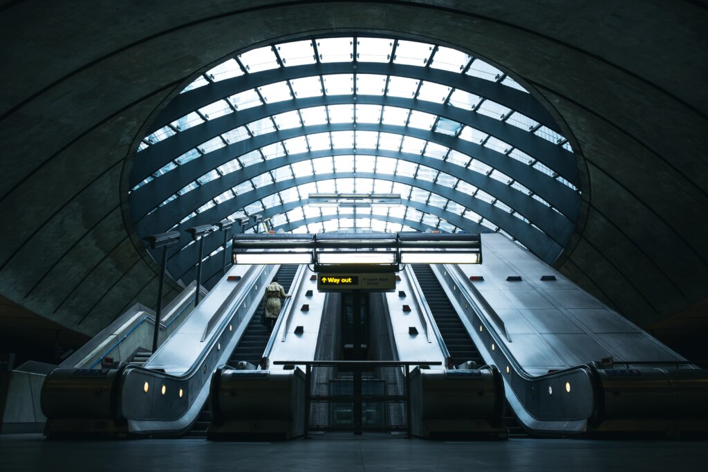 Canary Wharf Station escalators in London