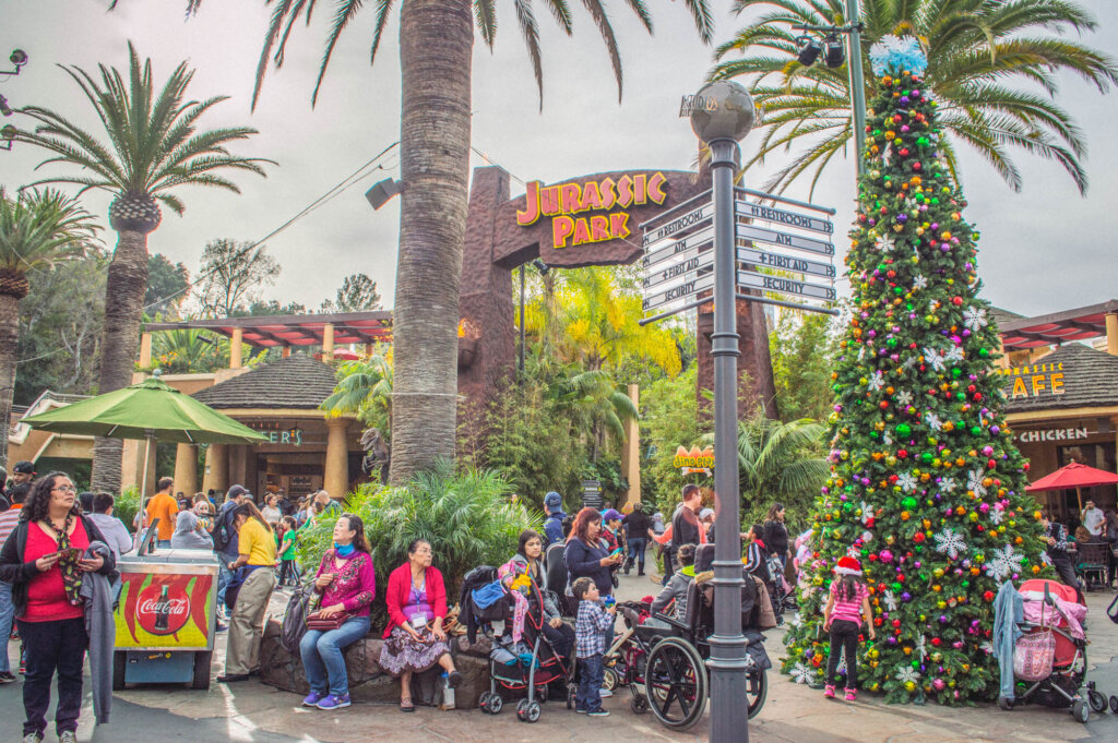 Christmas decor at Jurassic Park ride in Universal Studios Hollywood 