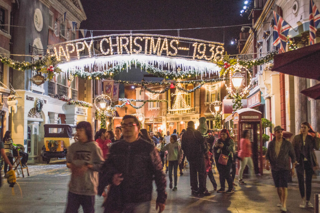 Christmas lights at night at Universal Studios Hollywood 